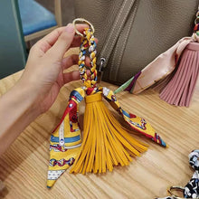 Load image into Gallery viewer, Hand-woven Silk Scarf Car Keychain Accessories Luxury Design PU Tassel Handbag Pendant Fashion Brand Tassels Key Chain for Women
