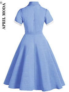 French Robe Femme Summer Dress Plaid Print Blue Yellow Vintage Rockabilly Jurken 40s 50s Retro Swing Pinup Women Hepburn Vestido