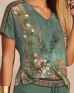 2023 Two Piece Sets Womens Print V-Neck Short Sleeve Top &Shorts Set