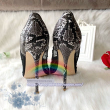 Load image into Gallery viewer, Running Quantity Price Nightclub Sexy Snakeskin Stitching Black Mesh Rhinestone Pointed Thin Heeled Women&#39;s Large and Small Size European and American High Heels
