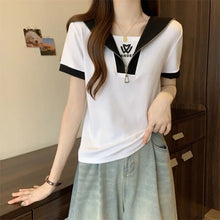 Load image into Gallery viewer, Fashion Sailor Collar Spliced Printed Letter Casual T-Shirts Female Clothing 2024 Summer New Loose Korean Tops Sweet Tee Shirt
