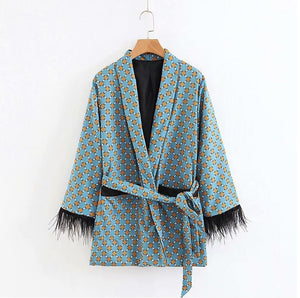 Women&#39;s Suits Sunc Spring LOOSE Blue Printed Kimono Jacket with Feather Sleeves Wide Leg Pants Two-piece Viintage Clothing Suits