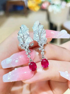 natural ruby clip earring 18K white gold with diamond leaf long earring fine women jewelry genuine luxury jewelry free shipping