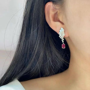 natural ruby clip earring 18K white gold with diamond leaf long earring fine women jewelry genuine luxury jewelry free shipping