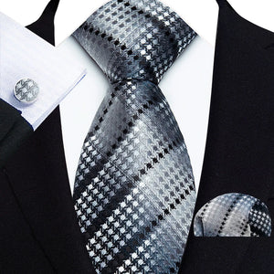 Classic Mens Necktie Black Silver Striped Floral Paisley Silk Ties Pocket Square Cufflink Set Suit Wedding Business Gift For Men