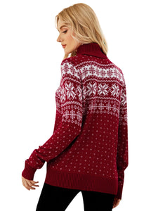 Women s Christmas Snowflake Knitted Sweater Long Sleeve High-neck Print Christmas Pullover Knitwear