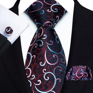 Classic Mens Necktie Black Silver Striped Floral Paisley Silk Ties Pocket Square Cufflink Set Suit Wedding Business Gift For Men