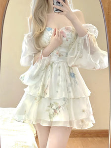 French Elegant Floral Mini Dress Chiffon Long Sleeve Evening Party Dress Women Holiday Beach Boho Fairy Dress Korean 2023 Robes