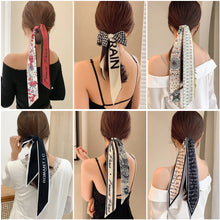 Load image into Gallery viewer, 2023 New Fashion Silk Scarf Hair Band Long Ribbon Bow Korean Printing Letter Hair Scarf Women Ponytail Holder Hair Accessories
