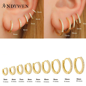 ANDYWEN 925 Sterling Silver Gold Zircon CZ 5mm 6mm 7mm 8mm To 13mm Huggies Hoops Piercing Pendiente Clips Luxury Fine Jewelry