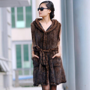 New Genuine knitted mink fur vest hooded mink fur vest warm winter fur coat