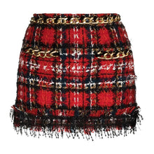 Load image into Gallery viewer, Red Plaid Tweed Skirt Spring Autumn 2021 New Chain Tassel New Designer Gold Lion Button Pencil Mini Women&#39;s Skirt High Quality
