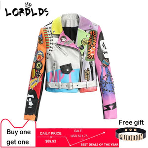 LORDLDS Cropped Leather Jackets Women Hip hop Colorful Studded Coat New Spring Ladies Motorcycle Punk Cropped Jacket with belt