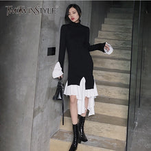 Load image into Gallery viewer, TWOTWINSTYLE Knitting Dress Female Flare Long Sleeve Turtleneck Patchwork Ruffle Hem Irregular Women&#39;s Dresses 2022 Spring New
