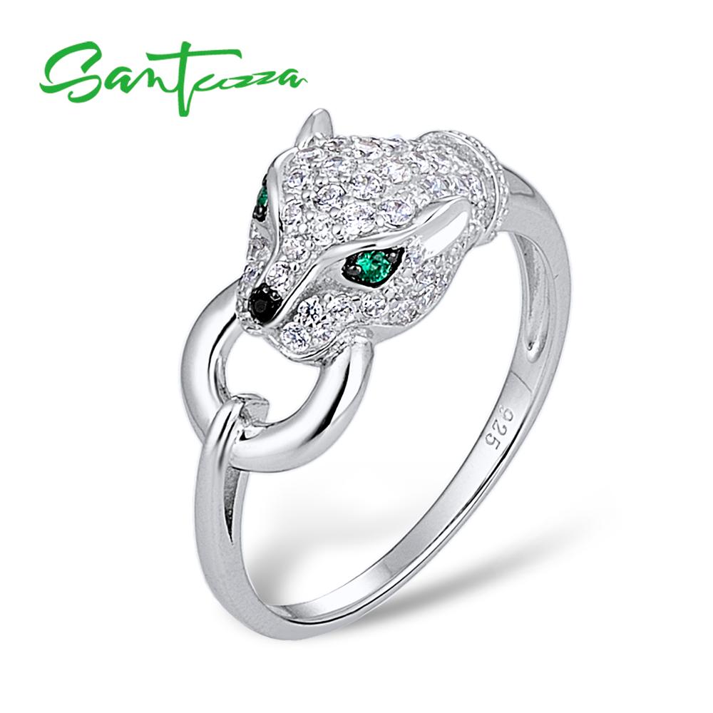 SANTUZZA 925 Sterling Silver Ring For Women Green Spinel White Cubic Zirconia Leopard Panther Rings Party Trendy Fine Jewelry