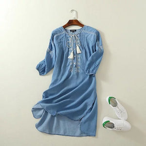 Ethnic Embroidery Denim Dresses Women Wrist Sleeve O-Neck Casual Shirt Dress Spring 2021 Vestido Jeans Feminino