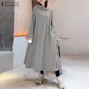 Fashion Hooded Hoodies Dress Women Autumn Sweatshirts 2023 ZANZEA Casual Long Sleeve Maxi Vestidos Female Solid Robe