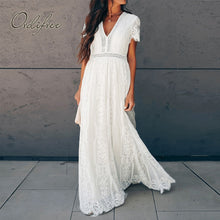 Load image into Gallery viewer, Ordifree 2022 Summer Vintage Women Maxi Party Dress Short Sleeve White Lace Long Tunic Beach Dress Vocation Holiday Clothes
