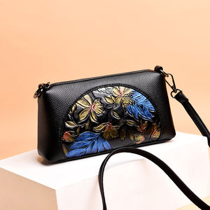 Ethnic Style Flower Hand-Held Middle-Aged Mother Soft Leather Pouch Small Bag