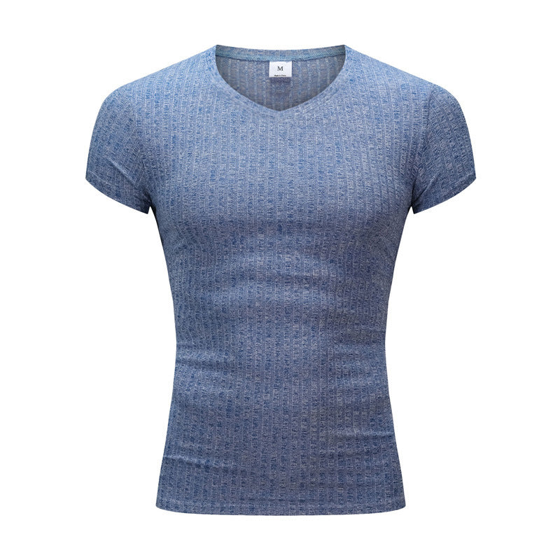 V-neck Short-Sleeved European and American Men's Fitness Striped Fashion T-shirt