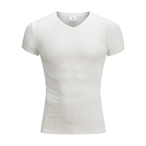 V-neck Short-Sleeved European and American Men's Fitness Striped Fashion T-shirt
