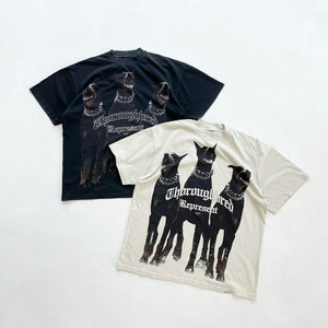 2022 Rep Doberman Pinscher High Street Fashion European and American Half-high Collar Loose Washed Printed Three DOG'S Head Short Sleeve T-shirt
