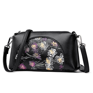 Ethnic Style Flower Hand-Held Middle-Aged Mother Soft Leather Pouch Small Bag