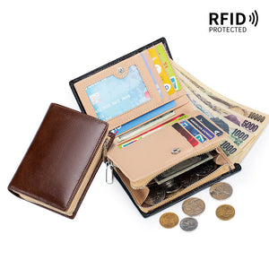 New Multi-Functional Leather Retro Short Wallet Men's Full-grain Leather Coin Purse Multi-Card Anti-Theft Credit Card Bag