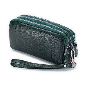 Leather Large Capacity Minimalist Triple Zipper Long Phone Bag