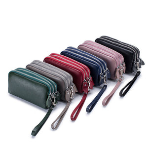 Leather Large Capacity Minimalist Triple Zipper Long Phone Bag