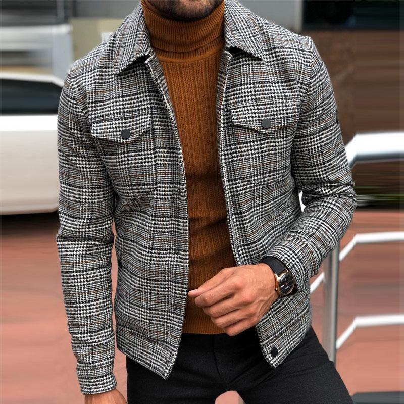 Trendy European and American Autumn Loose Casual Polo Collar Plaid Jacket