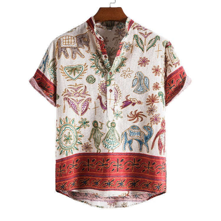 PL48 Casual Short-Sleeved Ethnic Print Shirt Summer Wear