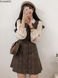 Cute Mini New Year Date Dresses Sleeveless Vest Women Korea Japanese Style Design Retro Vintage Plaid Button Shirt Dress 11021