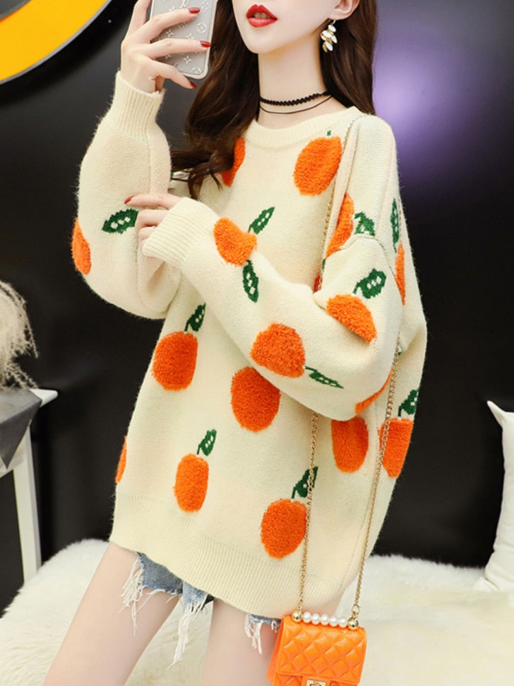 H.SA 2022 Winter Sweater Pullover Women Cute Fruit Sweater Pull Jumpers Orange Apple Printed Korean Tops Oversized Jumpers