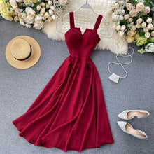 Load image into Gallery viewer, FMFSSOM 2022 Summer V-neck Sexy Open Back Red Dress Women Knee-length Bohemian Style  Solid Spaghetti Strap Party Clothing
