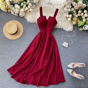 FMFSSOM 2022 Summer V-neck Sexy Open Back Red Dress Women Knee-length Bohemian Style  Solid Spaghetti Strap Party Clothing