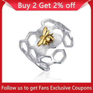 Lotus Fun Real 925 Sterling Silver 18K Gold Bee Rings Natural Designer Fine Jewelry Home Guard Honeycomb Open Ring for Women
