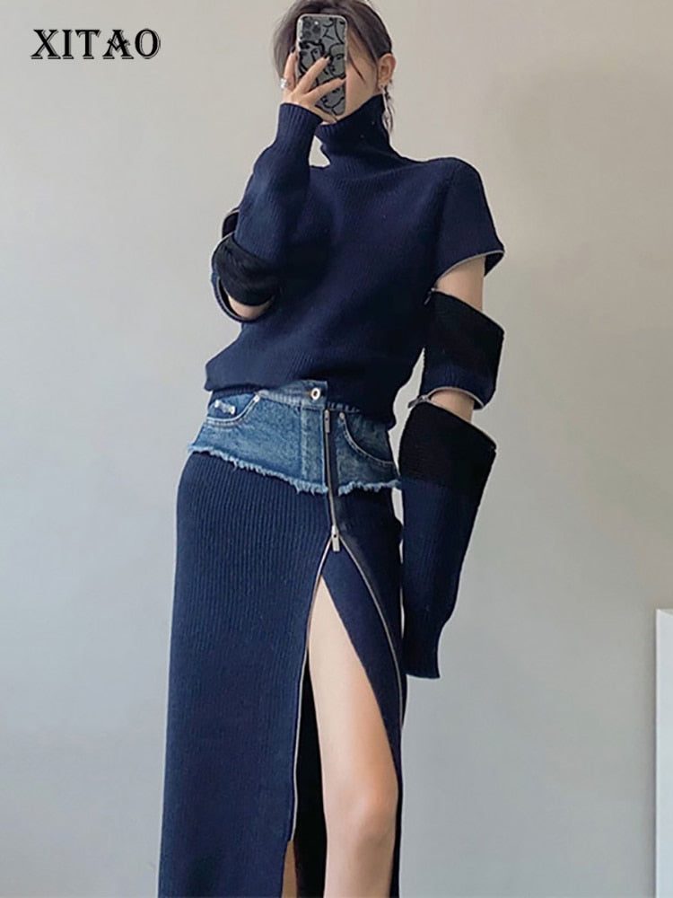 XITAO Patchwork Zipper Hole Women Set 2020 Winter Casual Fashion New Style Temperament Turtleneck Collar Women Clothes ZY1813