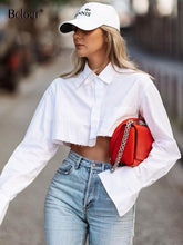 Load image into Gallery viewer, Bclout Fashion White Crop Tops Women 2023 Blouses Elegant Flare Sleeve Asymmetry Black Shirts Blouses Streetwear Sexy Top Spring

