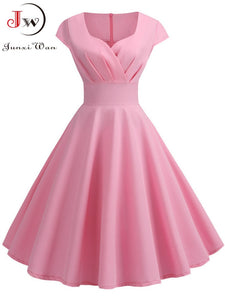 Pink Summer Dress Women V Neck Big Swing Vintage Dress Robe Femme Elegant Retro pin up Party Office Midi Dresses