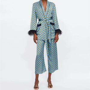 Women&#39;s Suits Sunc Spring LOOSE Blue Printed Kimono Jacket with Feather Sleeves Wide Leg Pants Two-piece Viintage Clothing Suits
