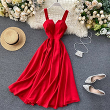 Load image into Gallery viewer, FMFSSOM 2022 Summer V-neck Sexy Open Back Red Dress Women Knee-length Bohemian Style  Solid Spaghetti Strap Party Clothing
