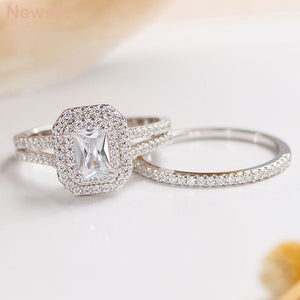 Newshe Solid 925 Silver Wedding Jewelry Double Halo Radiant Cut Engagement Bridal Rings for Women White AAAAA Cubic Zirconia