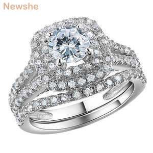 Newshe 2 Pcs Double Halo Round Cut AAAAA Cz Engagement Ring Set for Women Victorian Style 925 Silver Wedding Bridal Jewelry