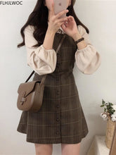 Load image into Gallery viewer, Cute Mini New Year Date Dresses Sleeveless Vest Women Korea Japanese Style Design Retro Vintage Plaid Button Shirt Dress 11021
