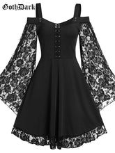 Load image into Gallery viewer, Goth Dark Gothic Aesthetic Vintage Women Autumn Dresses Grunge Lace Patchwork Flare Sleeve Black A-line Dress Punk Partywear

