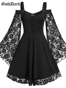 Goth Dark Gothic Aesthetic Vintage Women Autumn Dresses Grunge Lace Patchwork Flare Sleeve Black A-line Dress Punk Partywear